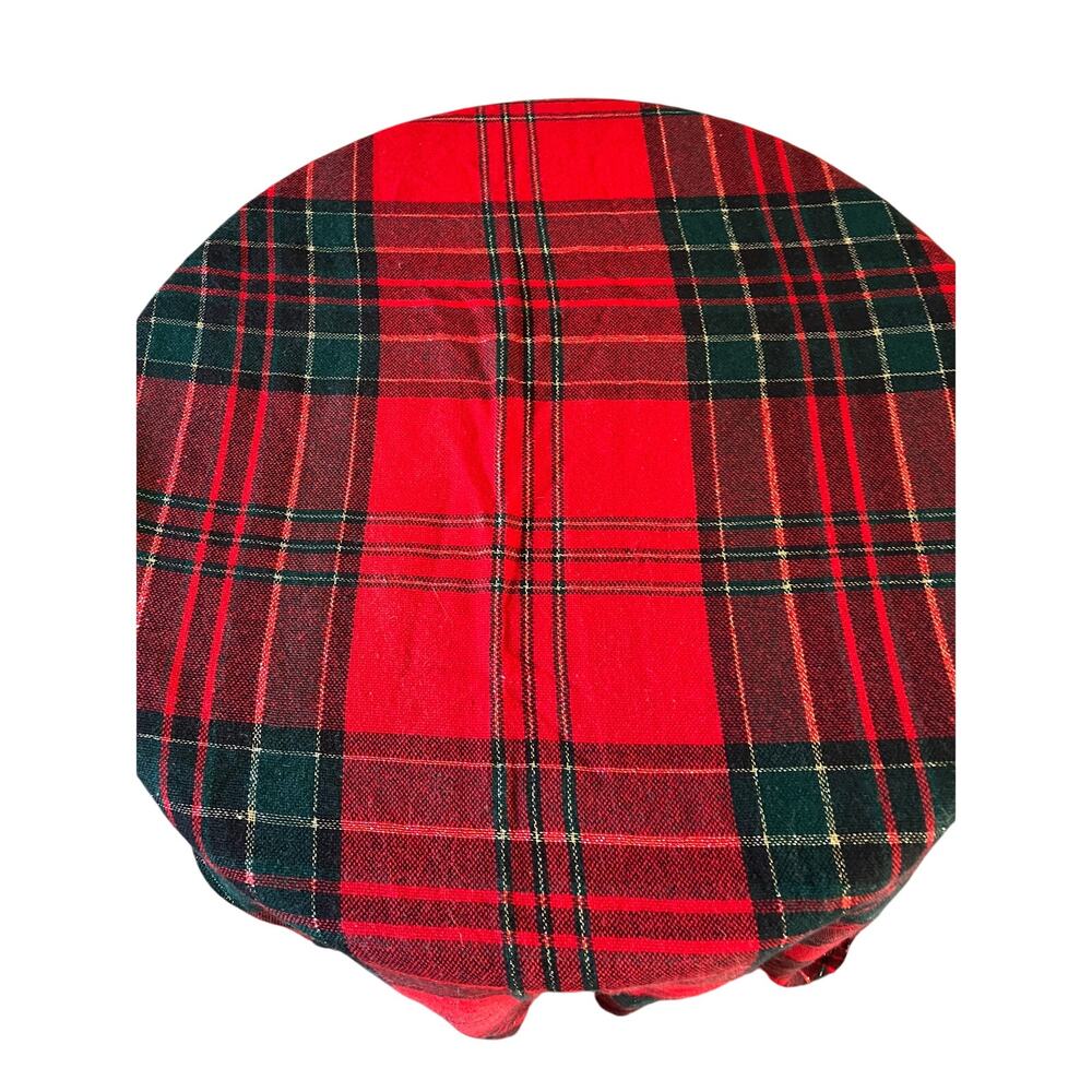 Vintage woven plaid red green gold larg tablecloth Christmas holiday table decor